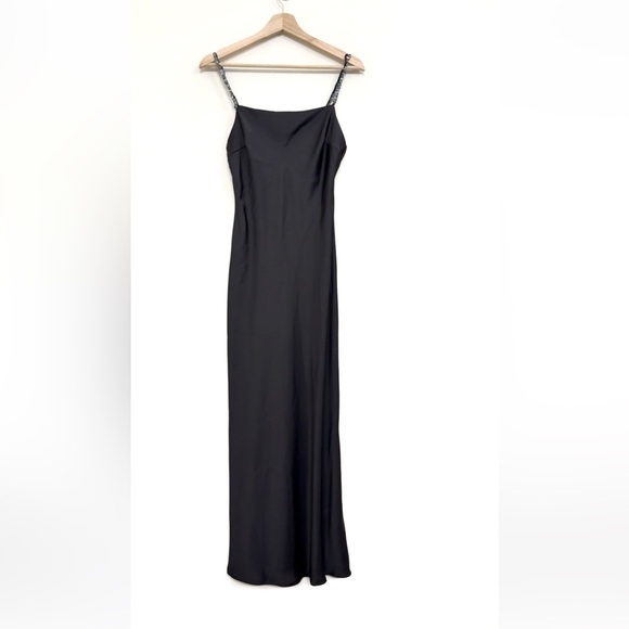 Elegant NWT Zara Satin Slip Black Midi Dress with Beaded Shoulder Straps Size S - Picture 6 of 15